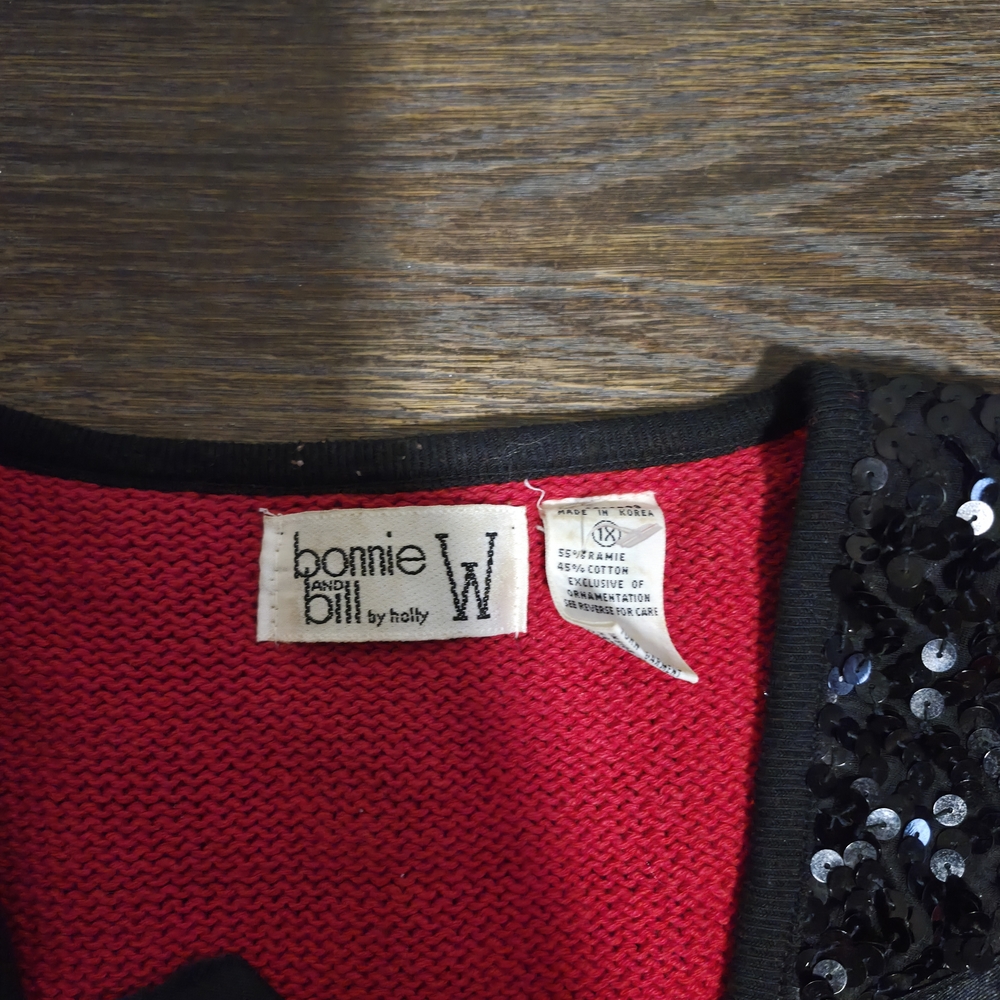 Vintage 80s Red Black Sequin Floral Tulip Cardigan Sweater Women's Plus Size 1X - Picture 6 of 10